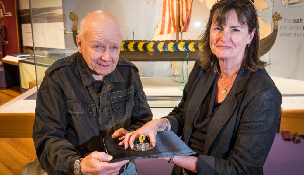 Viking Gold Finder Ronald Clucas, pictured with Manx National Heritage Curator, Allison Fox