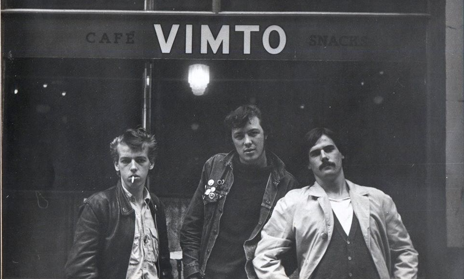Kevin Atheton (left) outside the Dainty Dive, Douglas, Isle of Man, 1970. With fellow Douglas School of Art students Ian Coulson and Martin Hearne. This photo has become a starting point of a new video work which will be on show in the TRACES exhibition, Photographic Memories (one of three).