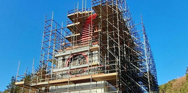 Scaffolding covering the Great Laxey Wheel for Conservation