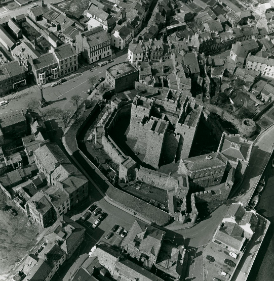 Black and White Aerial Image of Castle Rushen and Derby House