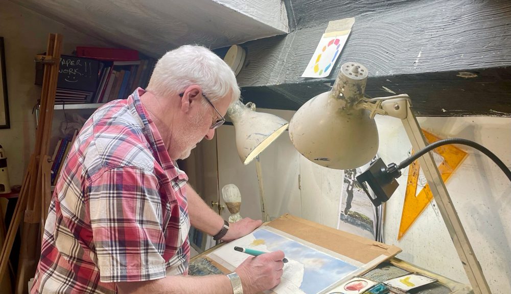 Paul Parker at work in his Art Studio on the Isle of Man for Coastal Rhythms Exhibition